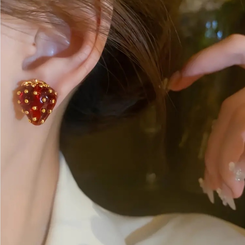 Red Strawberry Stud Earrings - Picture 2 of 3